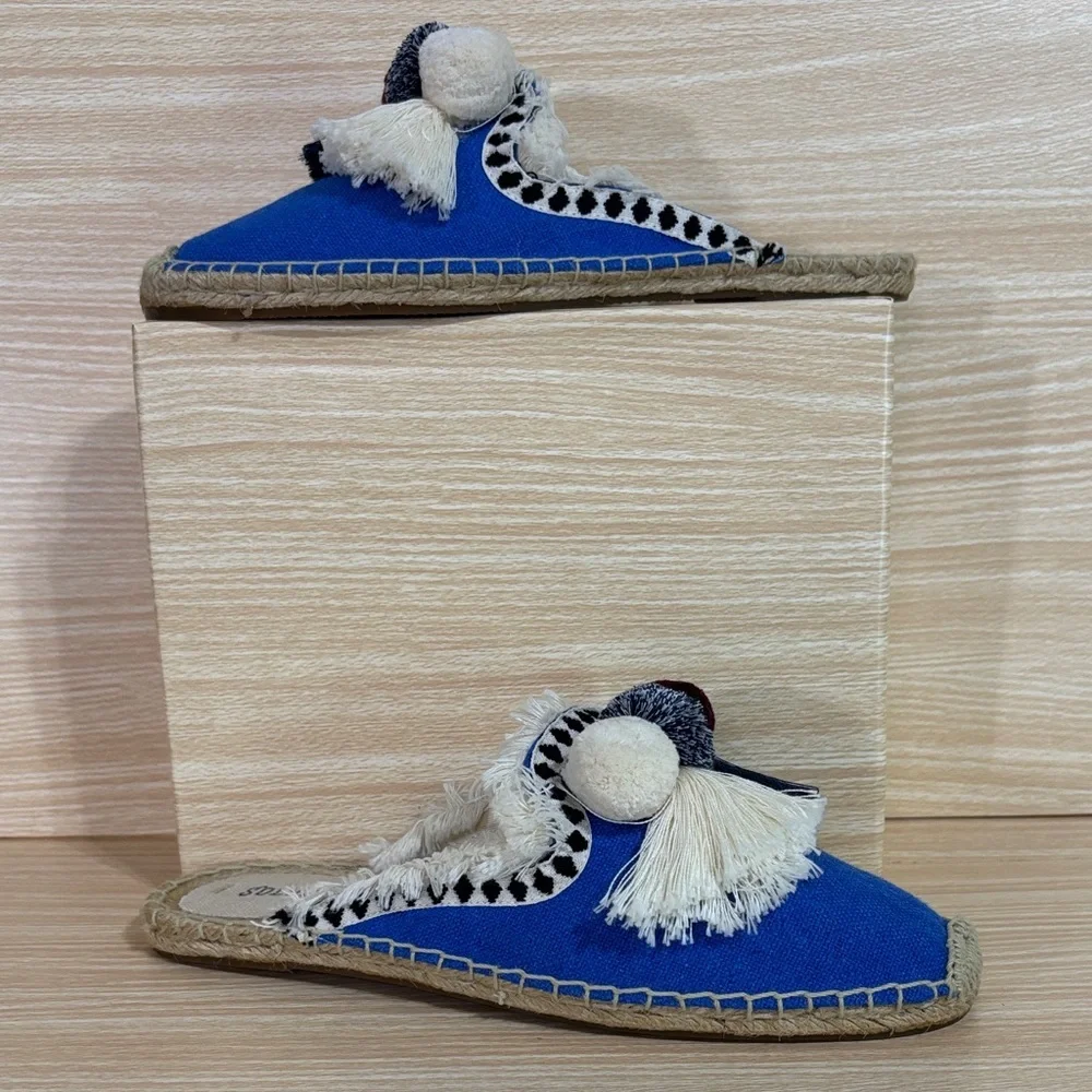 Soludos Blue Espadrille Mule Slides Tassel Pom Pom Size 8.5
